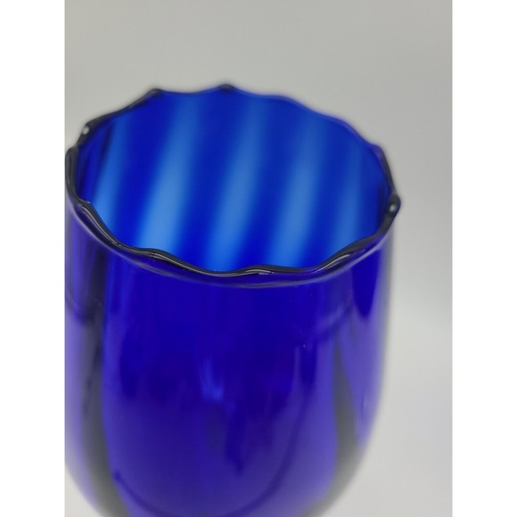 Pair Large Cobalt Blue Glass Goblets Handblown Swirl Stem Fluted Rim 10" - Picture 2 of 9